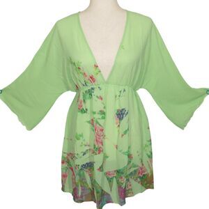 Daniel Benjamin Green Floral Y2K Sublimation Print Deep V Chiffon Blouse Size L